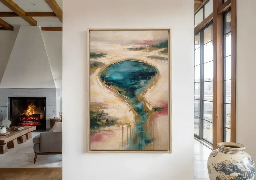 Teal Lagoon With Gold Drip Outflow canvas wall art in a living room with a fireplace