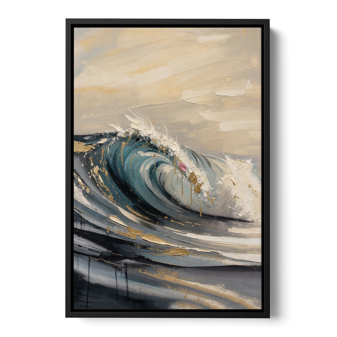 Teal Wave Curl with Gold Drips - Black Framed Canvas Wall Art - Front