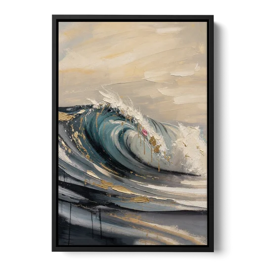 Teal Wave Curl with Gold Drips - Black Framed Canvas Wall Art - Front