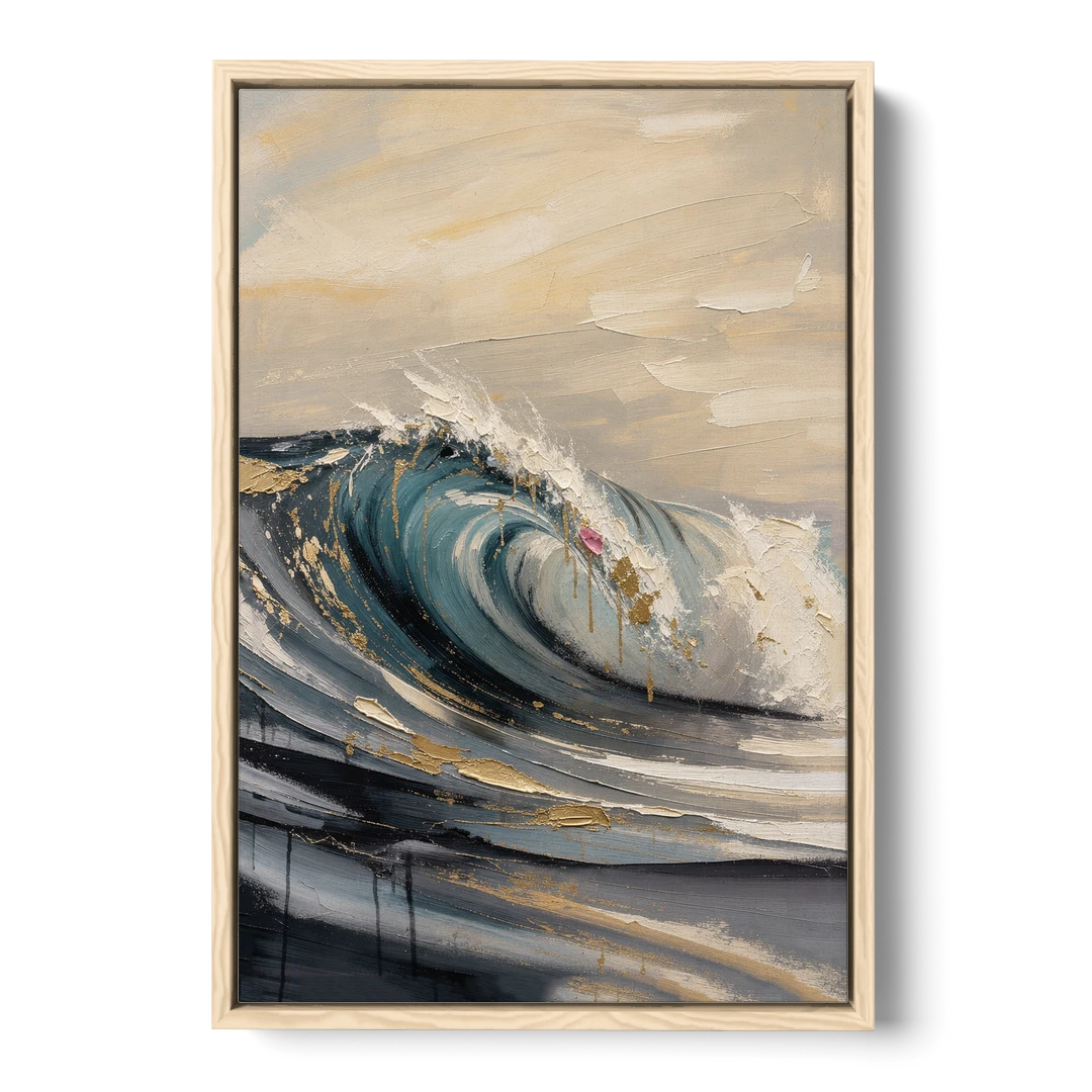 Teal Wave Curl with Gold Drips - Oak Framed Canvas Wall Art - Front