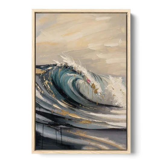Teal Wave Curl with Gold Drips - Oak Framed Canvas Wall Art - Front