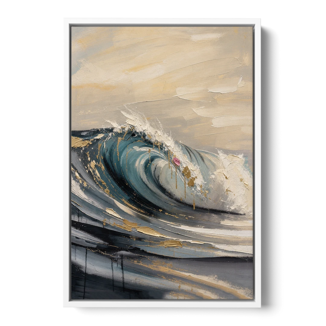 Teal Wave Curl with Gold Drips - White Framed Canvas Wall Art - Front