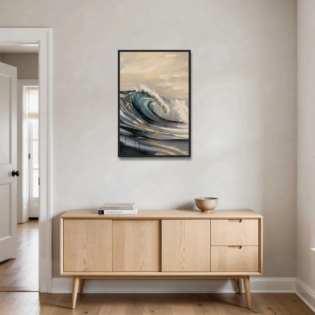 Teal Wave Curl with Gold Drips - Black Framed Canvas Wall Art - Coffee Table - 24x36