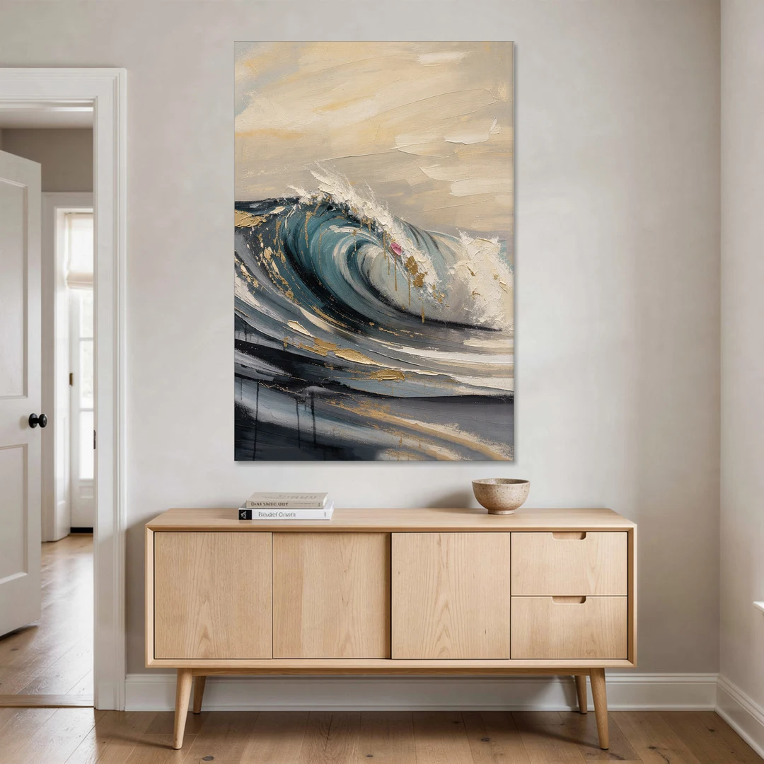 Teal Wave Curl with Gold Drips - Canvas Wall Art - Coffee Table - 40x60