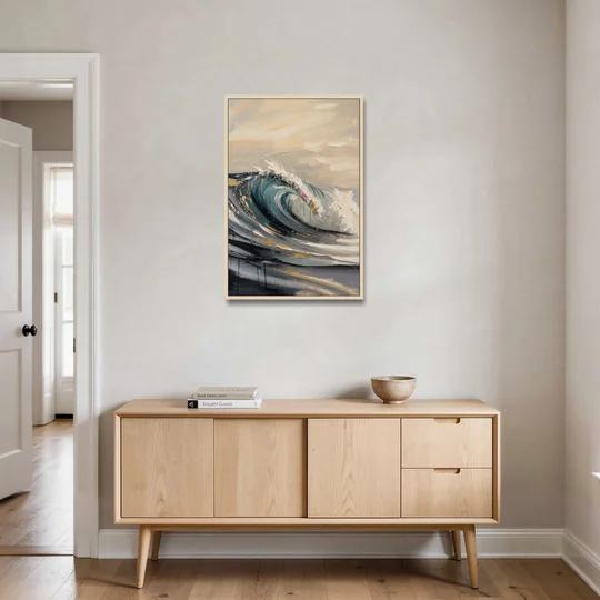 Teal Wave Curl with Gold Drips - Oak Framed Canvas Wall Art - Coffee Table - 24x36