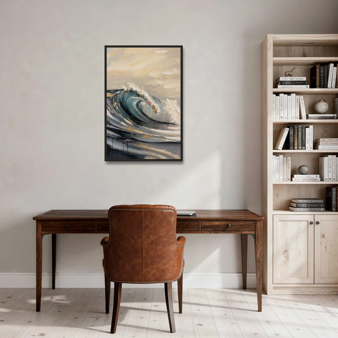 Teal Wave Curl with Gold Drips - Black Framed Canvas Wall Art - Office - 24x36