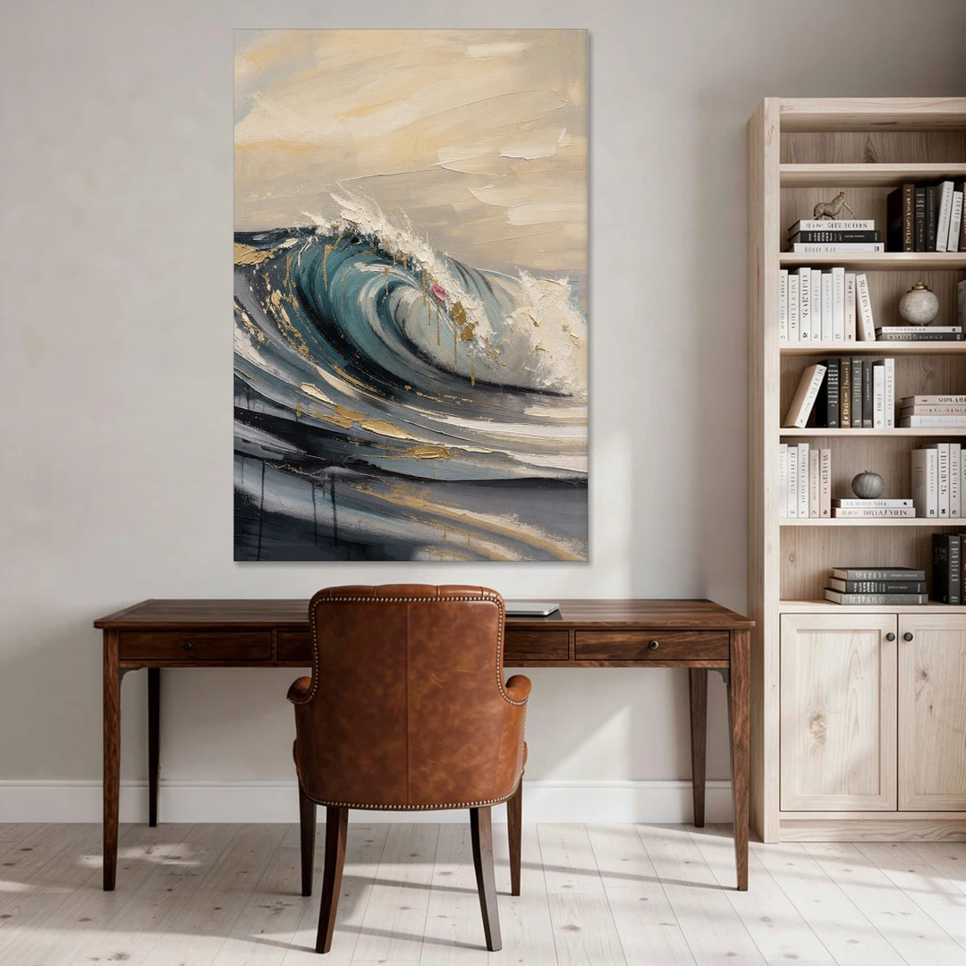 Teal Wave Curl with Gold Drips - Canvas Wall Art - Office - 40x60