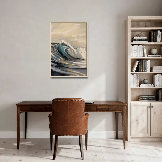 Teal Wave Curl with Gold Drips - Oak Framed Canvas Wall Art - Office - 24x36