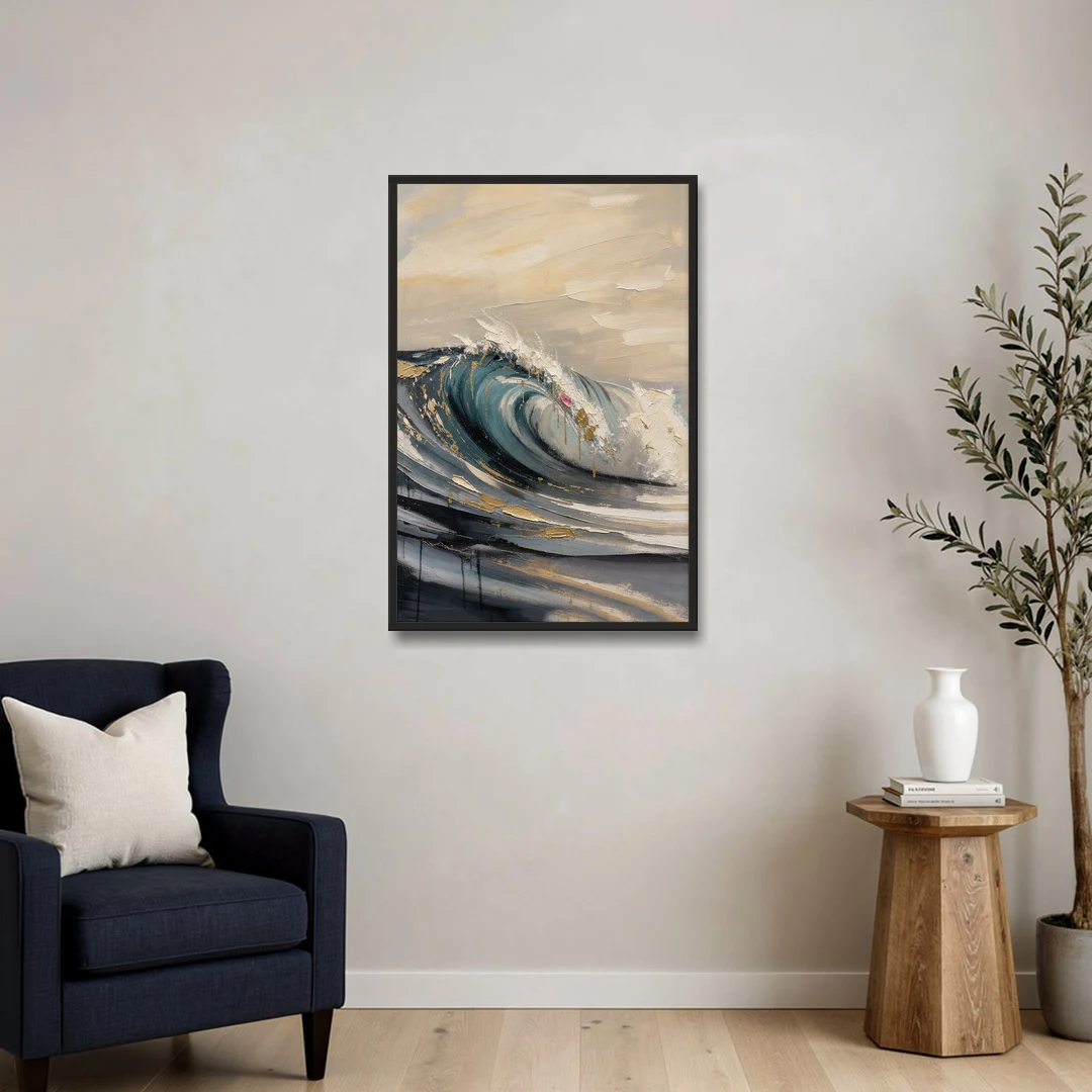 Teal Wave Curl with Gold Drips - Black Framed Canvas Wall Art - Sofa - 24x36