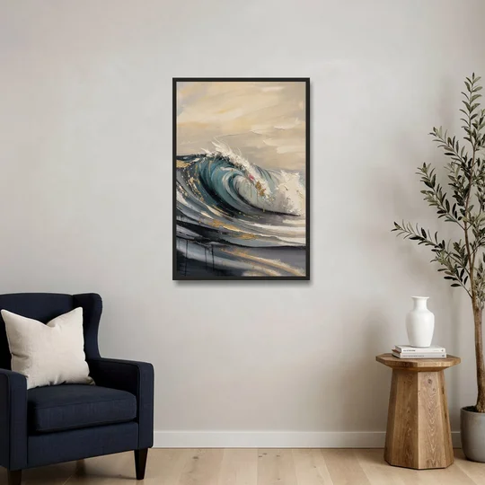 Teal Wave Curl with Gold Drips - Black Framed Canvas Wall Art - Sofa - 24x36