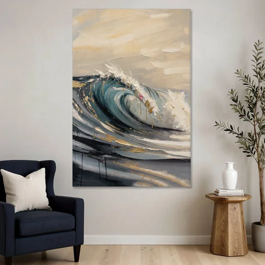 Teal Wave Curl with Gold Drips - Canvas Wall Art - Sofa - 40x60