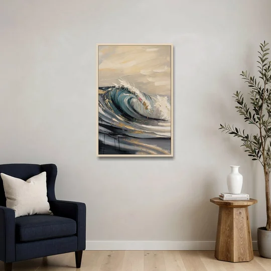 Teal Wave Curl with Gold Drips - Oak Framed Canvas Wall Art - Sofa - 24x36
