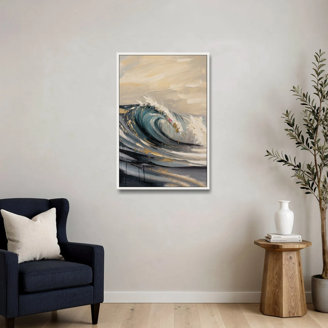 Teal Wave Curl with Gold Drips - White Framed Canvas Wall Art - Sofa - 24x36