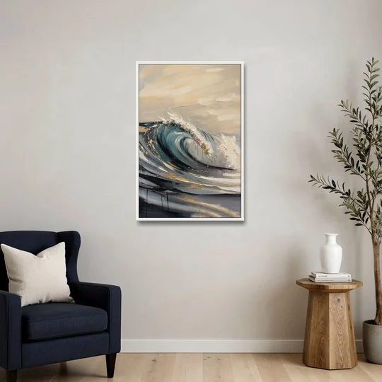 Teal Wave Curl with Gold Drips - White Framed Canvas Wall Art - Sofa - 24x36