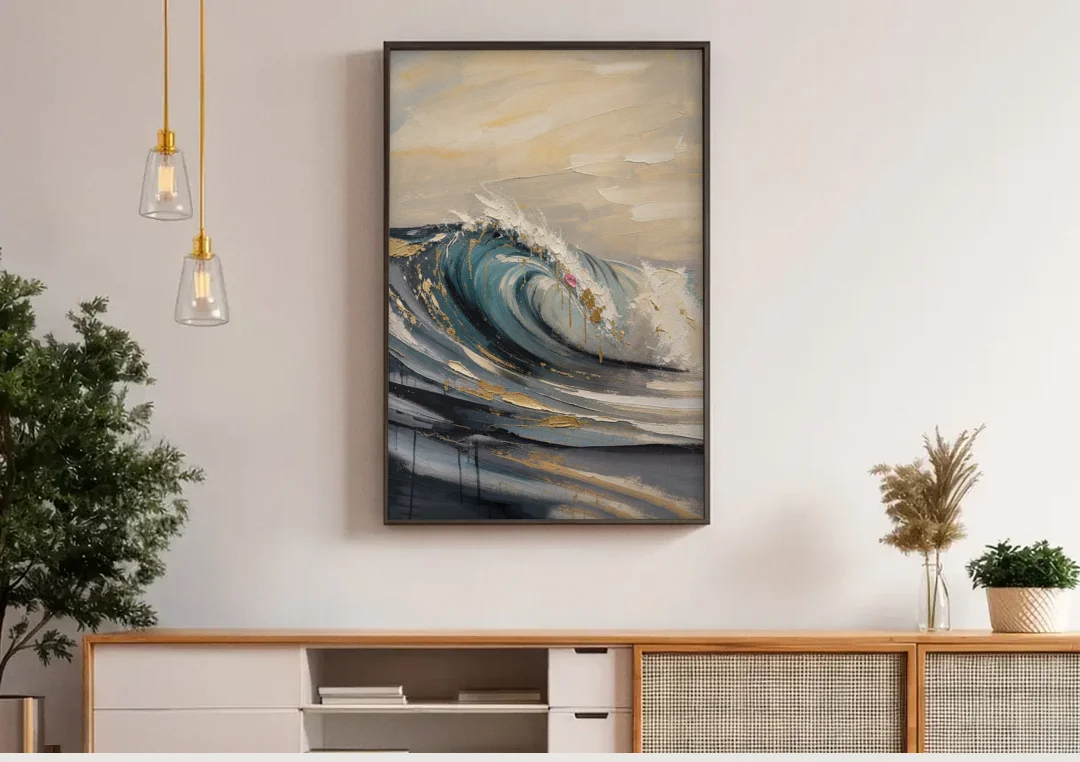 Teal Wave Curl with Gold Drips canvas wall art above a wooden sideboard under pendant lights