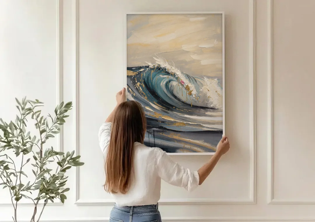 Teal Wave Curl with Gold Drips canvas wall art being hung on a paneled wall
