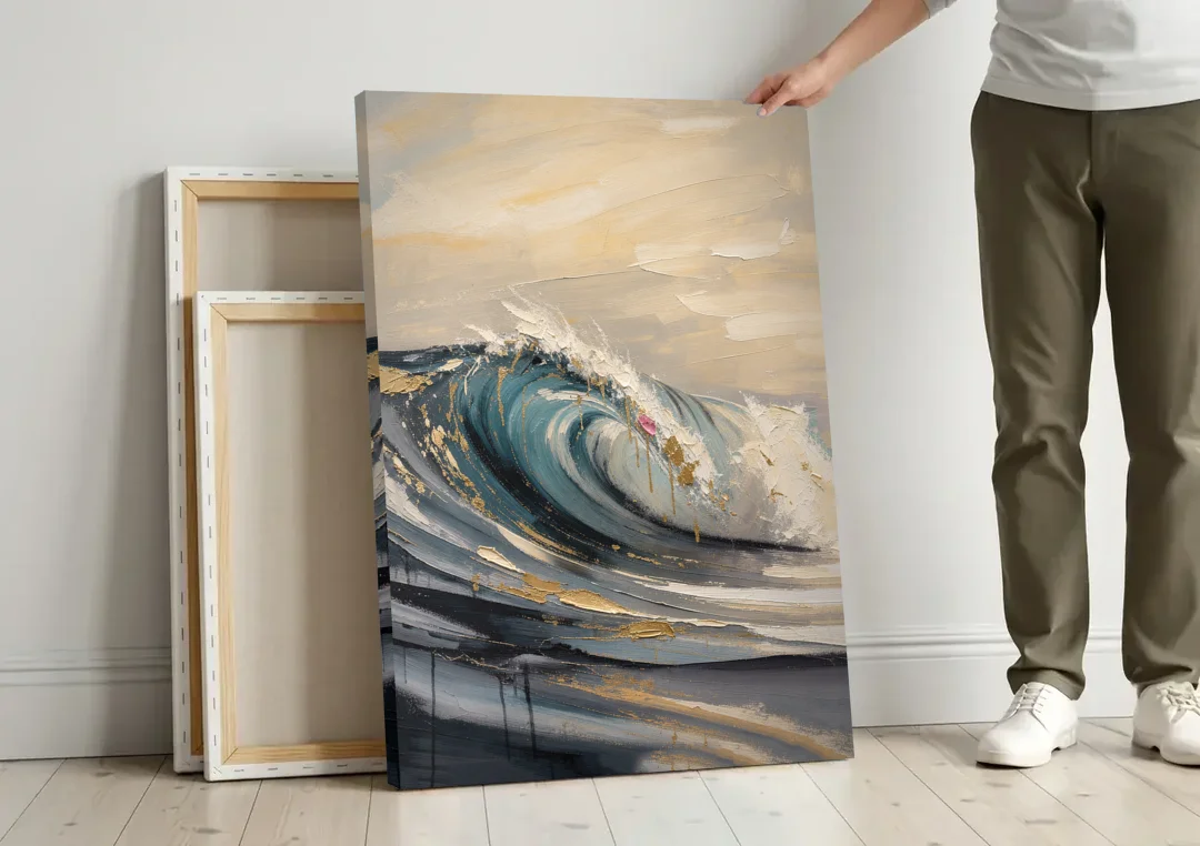 Teal Wave Curl with Gold Drips canvas wall art leaning against a wall next to blank canvases