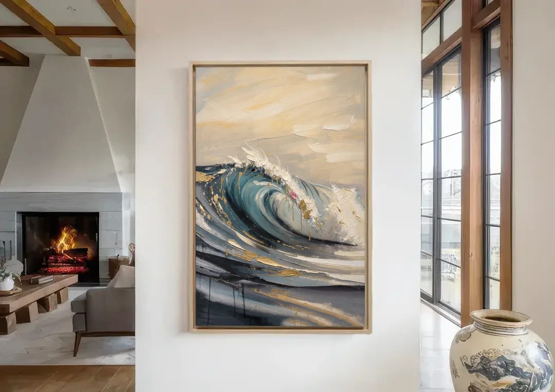 Teal Wave Curl with Gold Drips canvas wall art in a living room with a fireplace