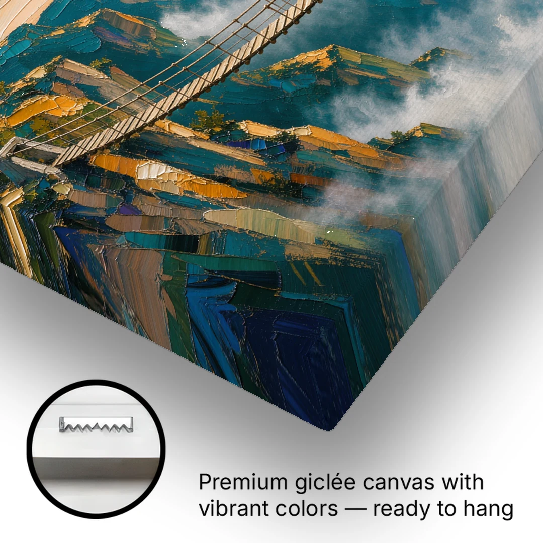 Teamwork Canvas Rope Bridge Over the Misty Gorge - Canvas Wall Art - Gallery Wrap Corner