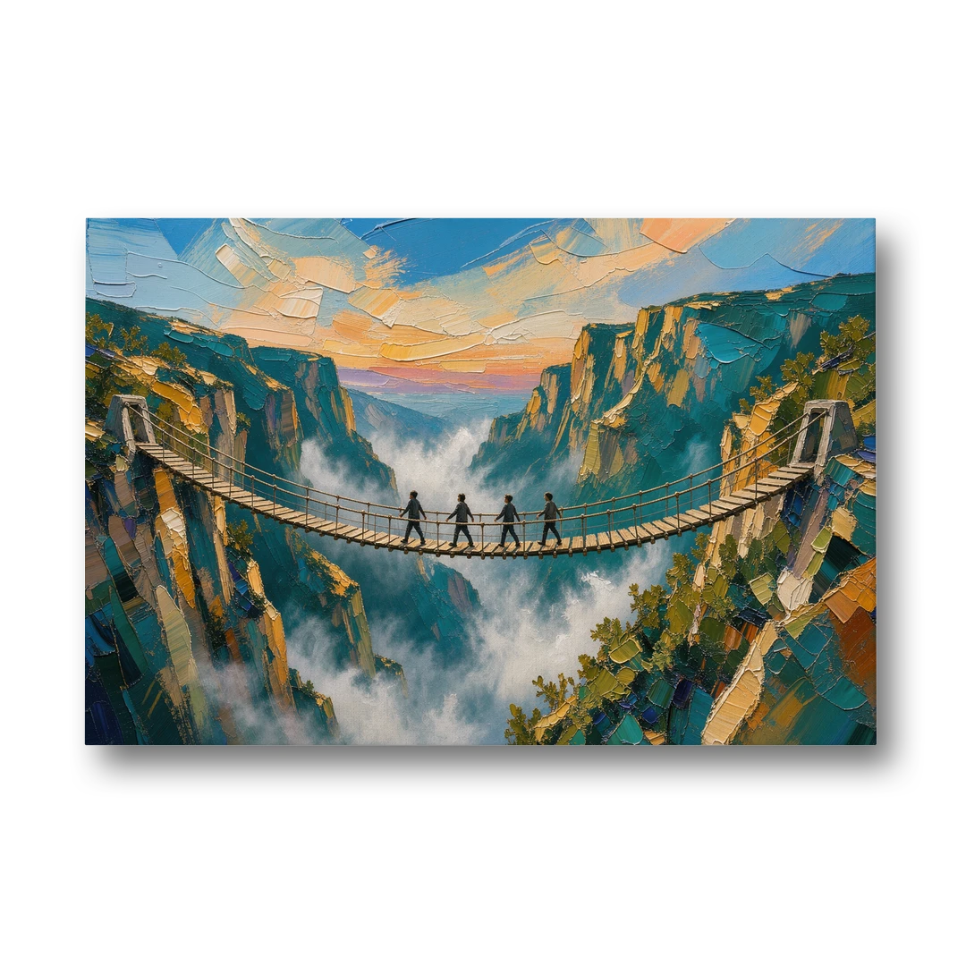 Teamwork Canvas Rope Bridge Over the Misty Gorge - Canvas Wall Art - Front