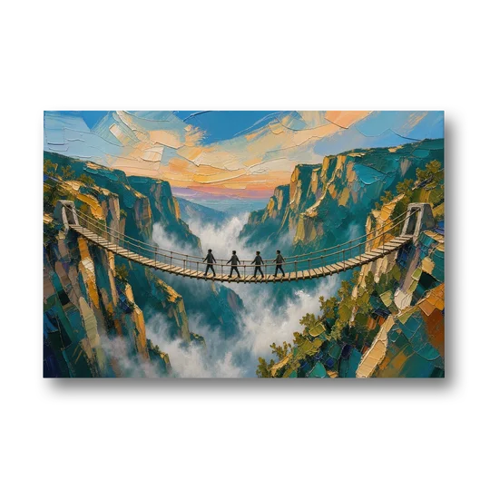 Teamwork Canvas Rope Bridge Over the Misty Gorge - Canvas Wall Art - Front