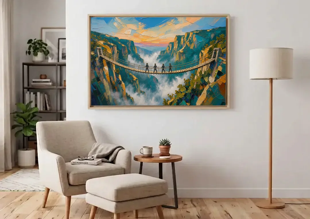 Teamwork Canvas Rope Bridge Over the Misty Gorge canvas wall art above an armchair in a bright living room