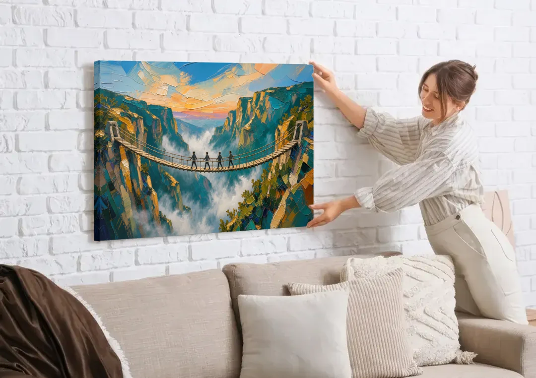 Teamwork Canvas Rope Bridge Over the Misty Gorge canvas wall art being hung on a white brick wall above a sofa