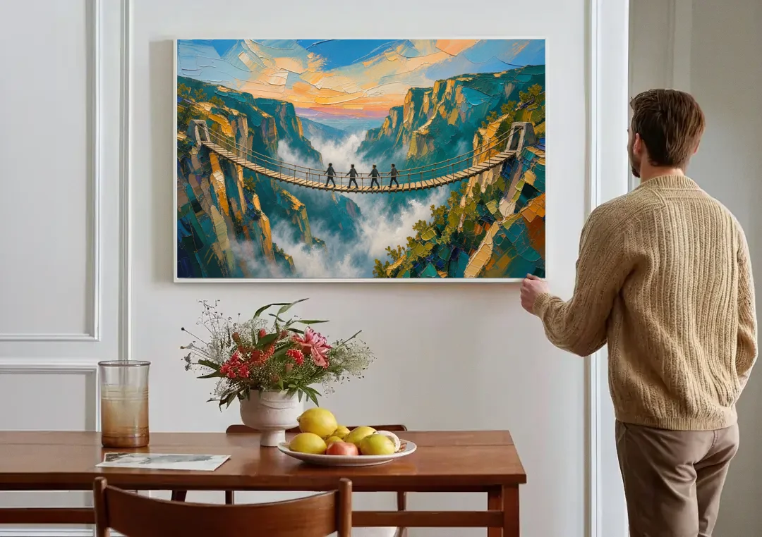 Teamwork Canvas Rope Bridge Over the Misty Gorge canvas wall art above a dining table