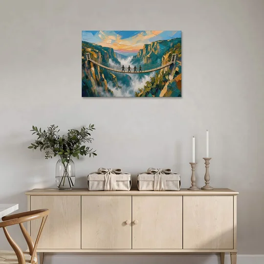 Teamwork Canvas Rope Bridge Over the Misty Gorge - Canvas Wall Art - Coffee Table - 36x24
