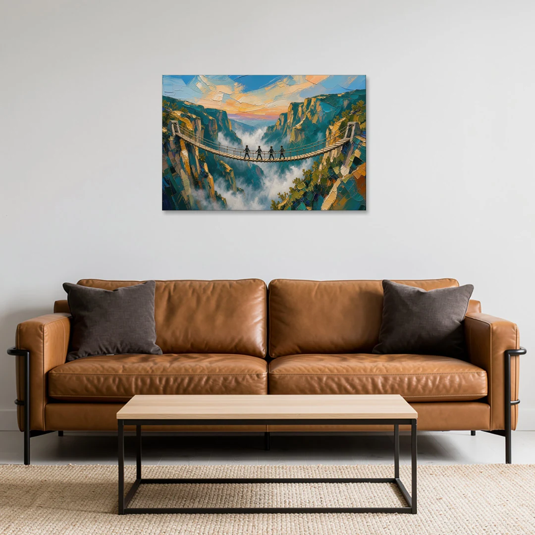 Teamwork Canvas Rope Bridge Over the Misty Gorge - Canvas Wall Art - Sofa - 36x24