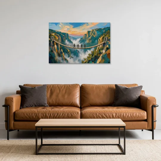 Teamwork Canvas Rope Bridge Over the Misty Gorge - Canvas Wall Art - Sofa - 36x24