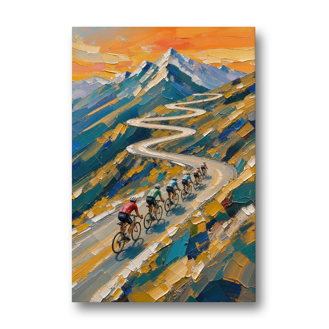 Teamwork Painting of a Paceline on the Mountain Pass - Canvas Wall Art - Front