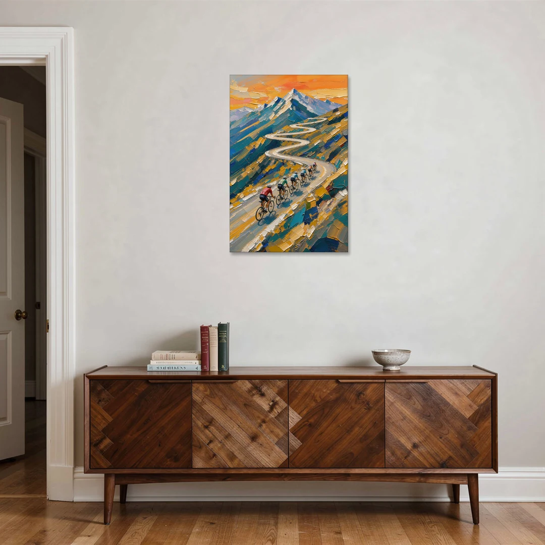 Teamwork Painting of a Paceline on the Mountain Pass - Canvas Wall Art - Coffee Table - 24x36