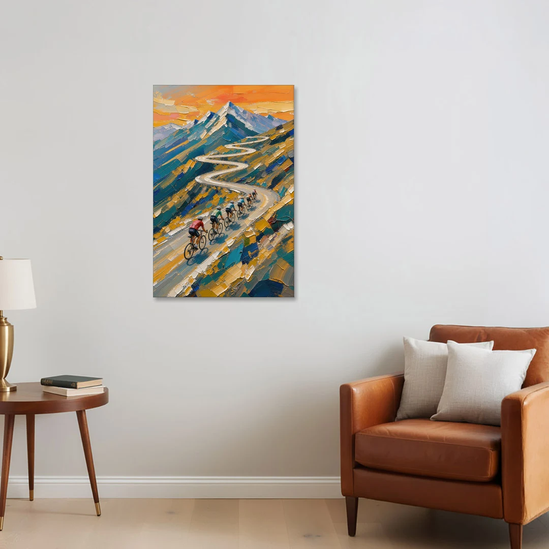 Teamwork Painting of a Paceline on the Mountain Pass - Canvas Wall Art - Sofa - 24x36
