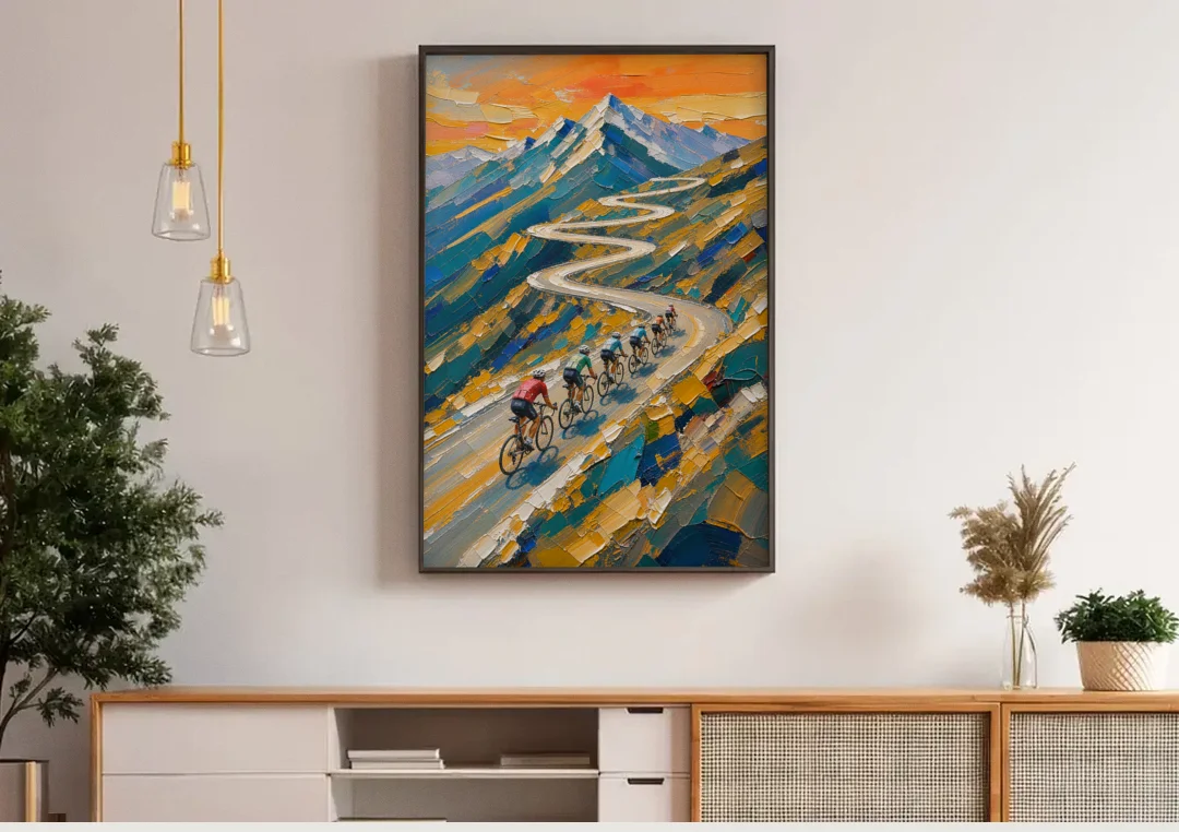 Teamwork Painting of a Paceline on the Mountain Pass canvas wall art above a wooden sideboard under pendant lights