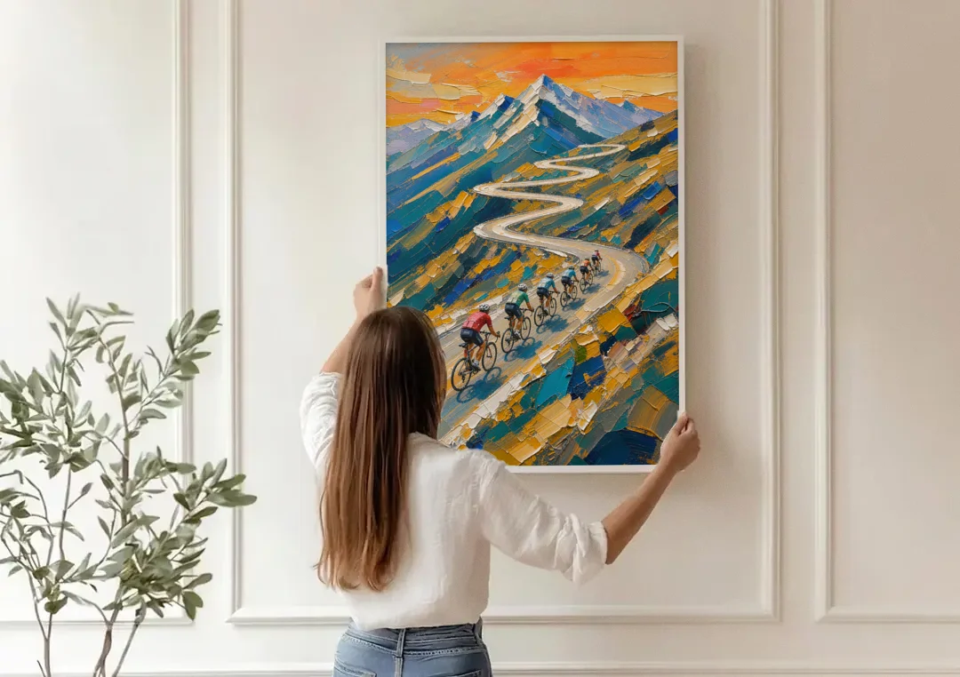 Teamwork Painting of a Paceline on the Mountain Pass canvas wall art being hung on a paneled wall