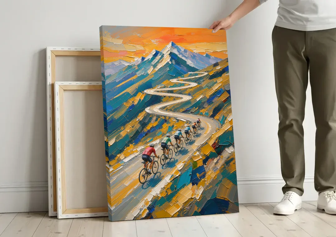 Teamwork Painting of a Paceline on the Mountain Pass canvas wall art leaning against a wall next to blank canvases
