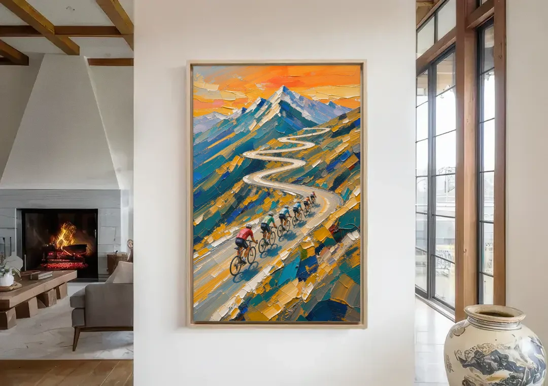 Teamwork Painting of a Paceline on the Mountain Pass canvas wall art in a living room with a fireplace