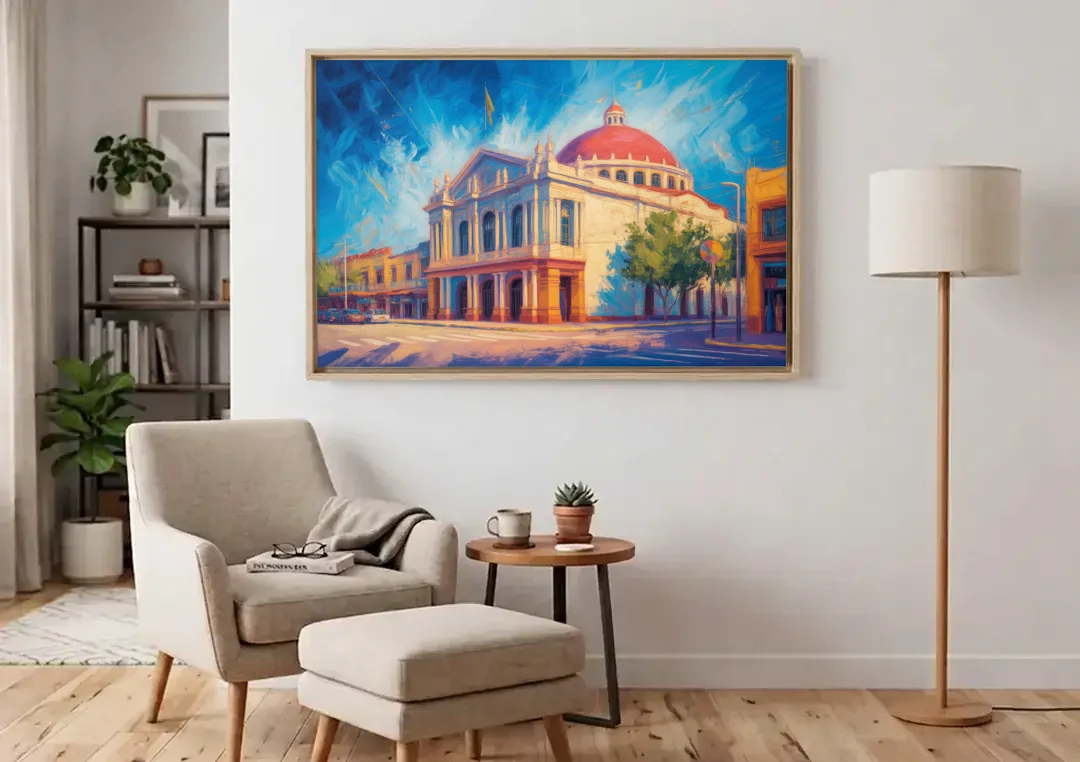 Teatro Macedonio Alcalá canvas wall art above an armchair in a bright living room