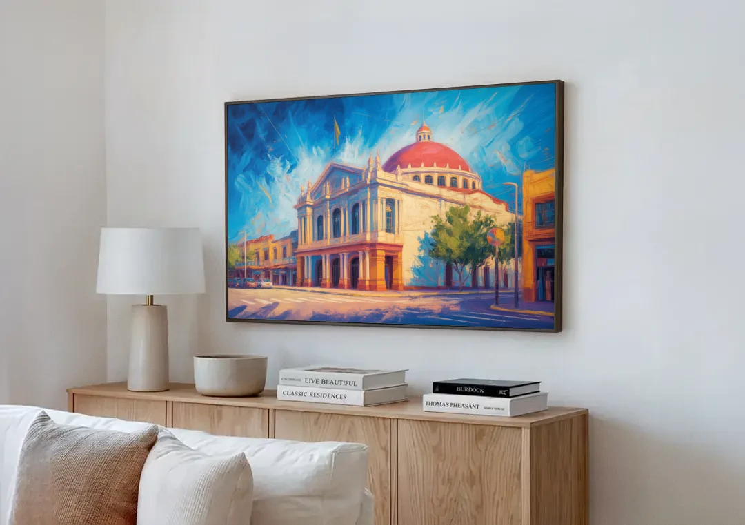 Teatro Macedonio Alcalá canvas wall art above a wooden sideboard next to a sofa