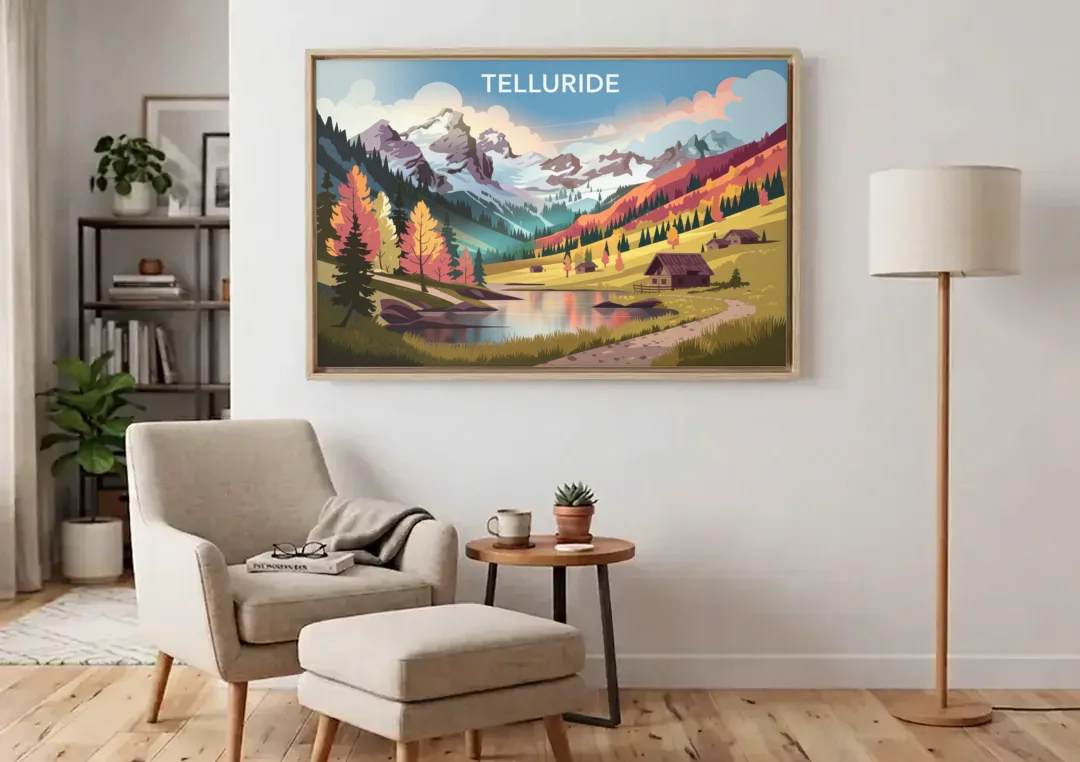 Telluride Alpine Landscape canvas wall art above an armchair in a bright living room