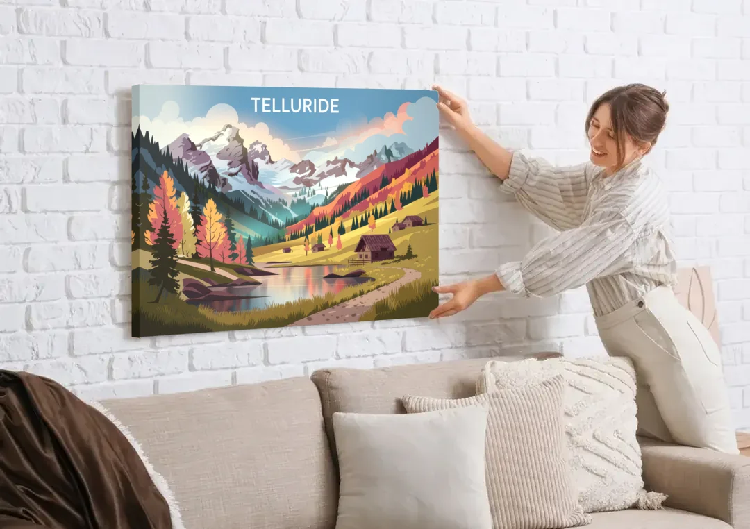 Telluride Alpine Landscape canvas wall art being hung on a white brick wall above a sofa