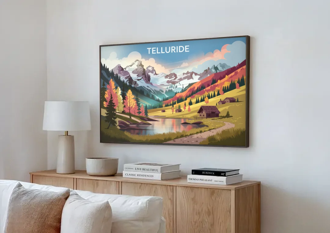 Telluride Alpine Landscape canvas wall art above a wooden sideboard next to a sofa