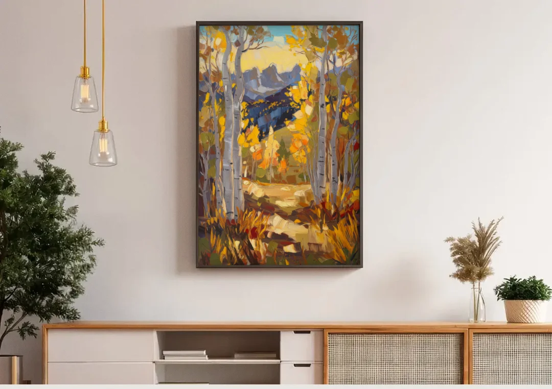 Telluride Autumn Aspen Forest canvas wall art above a wooden sideboard under pendant lights