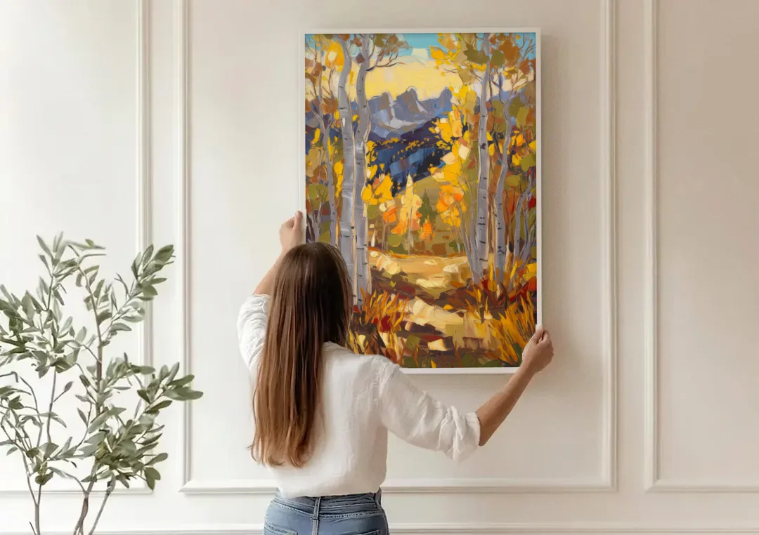 Telluride Autumn Aspen Forest canvas wall art being hung on a paneled wall