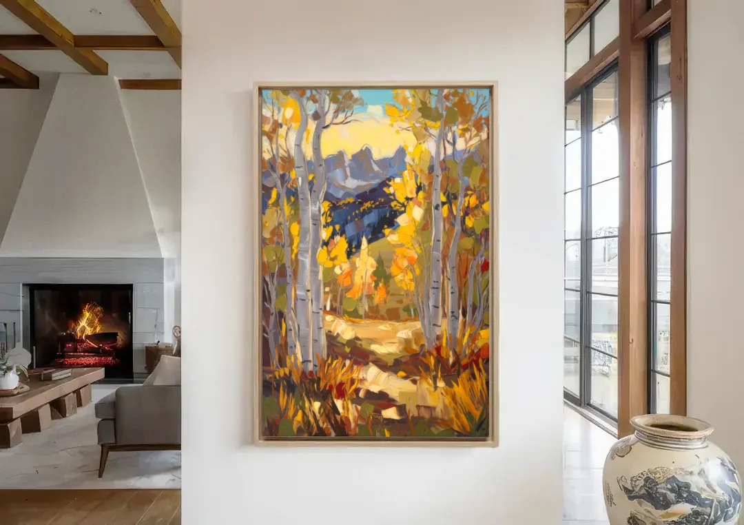 Telluride Autumn Aspen Forest canvas wall art in a living room with a fireplace