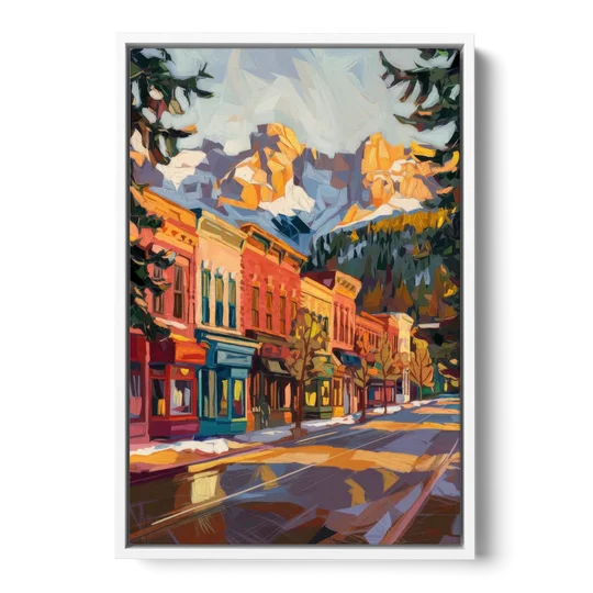 Telluride Downtown Charm - White Framed Canvas Wall Art - Front