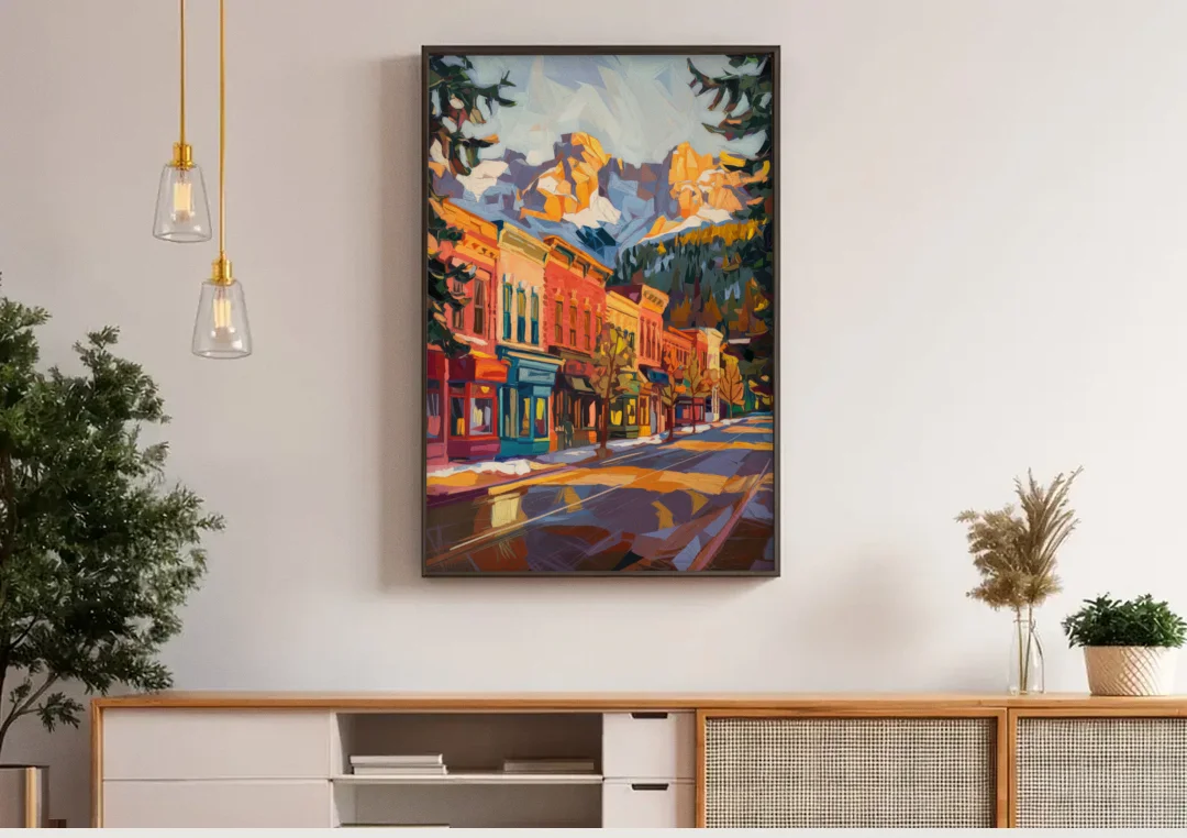Telluride Downtown Charm canvas wall art above a wooden sideboard under pendant lights