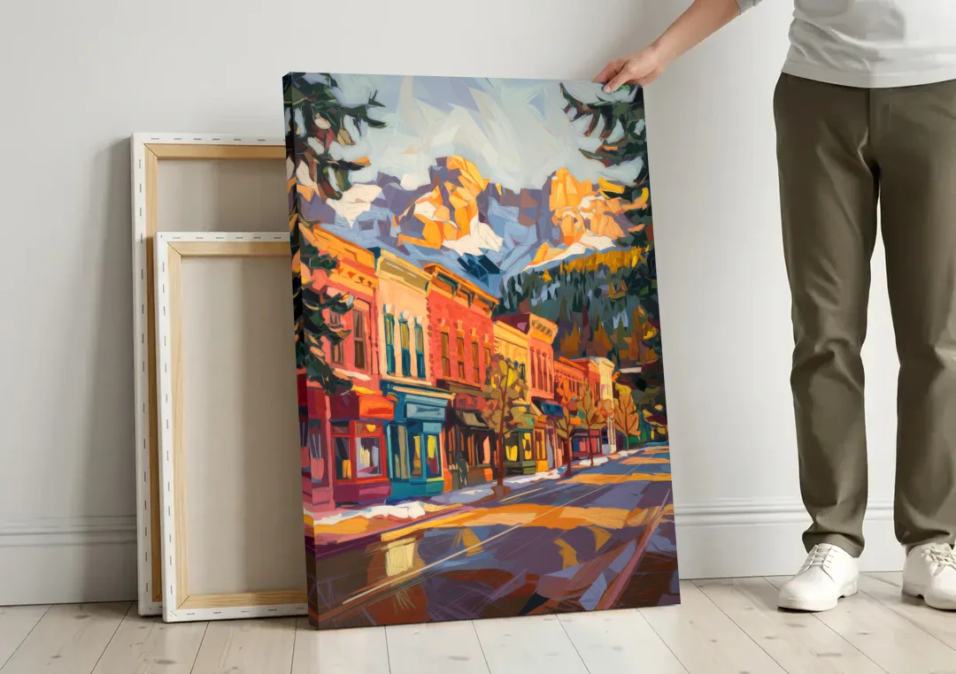 Telluride Downtown Charm canvas wall art leaning against a wall next to blank canvases