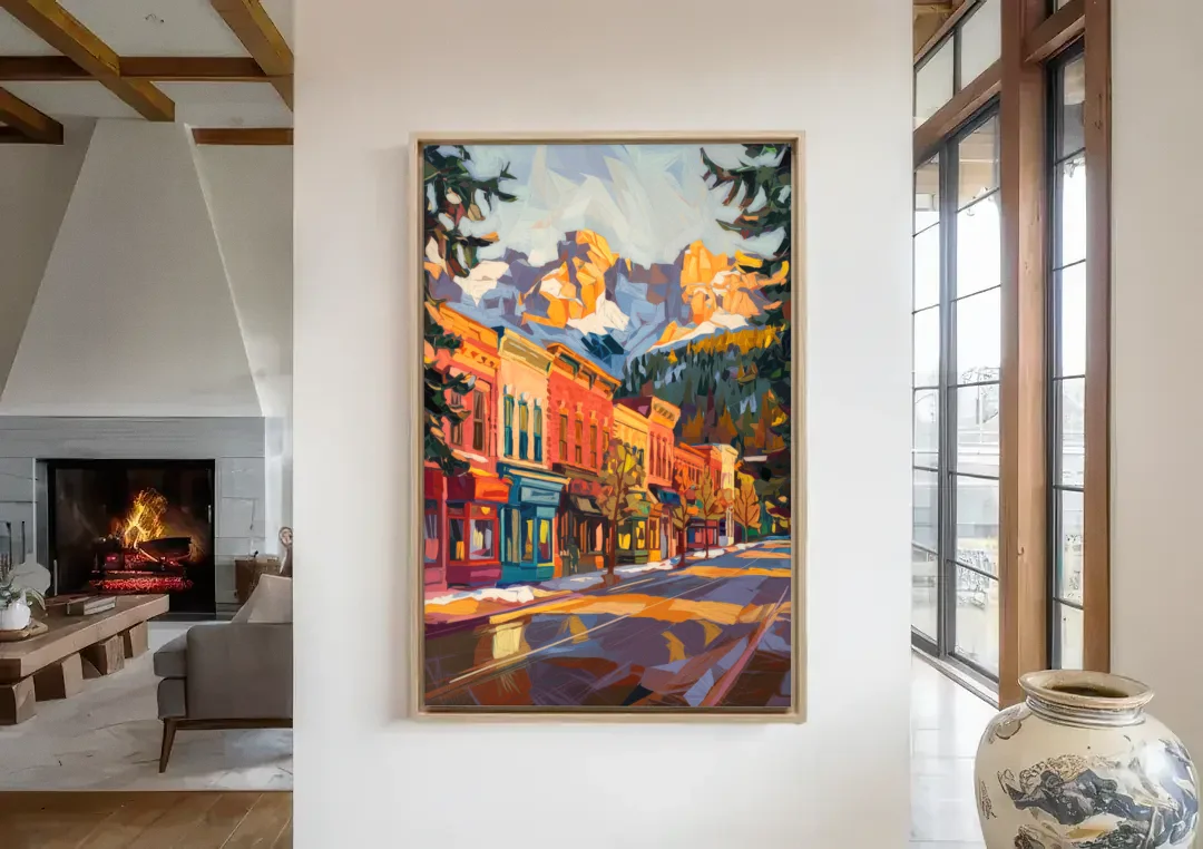 Telluride Downtown Charm canvas wall art in a living room with a fireplace